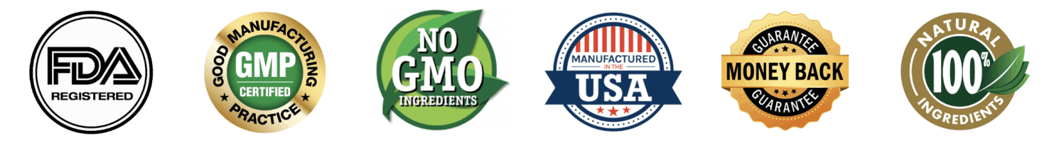 GutGlucose made in USA, FDA registered, GMP certified, 100% natural badges
